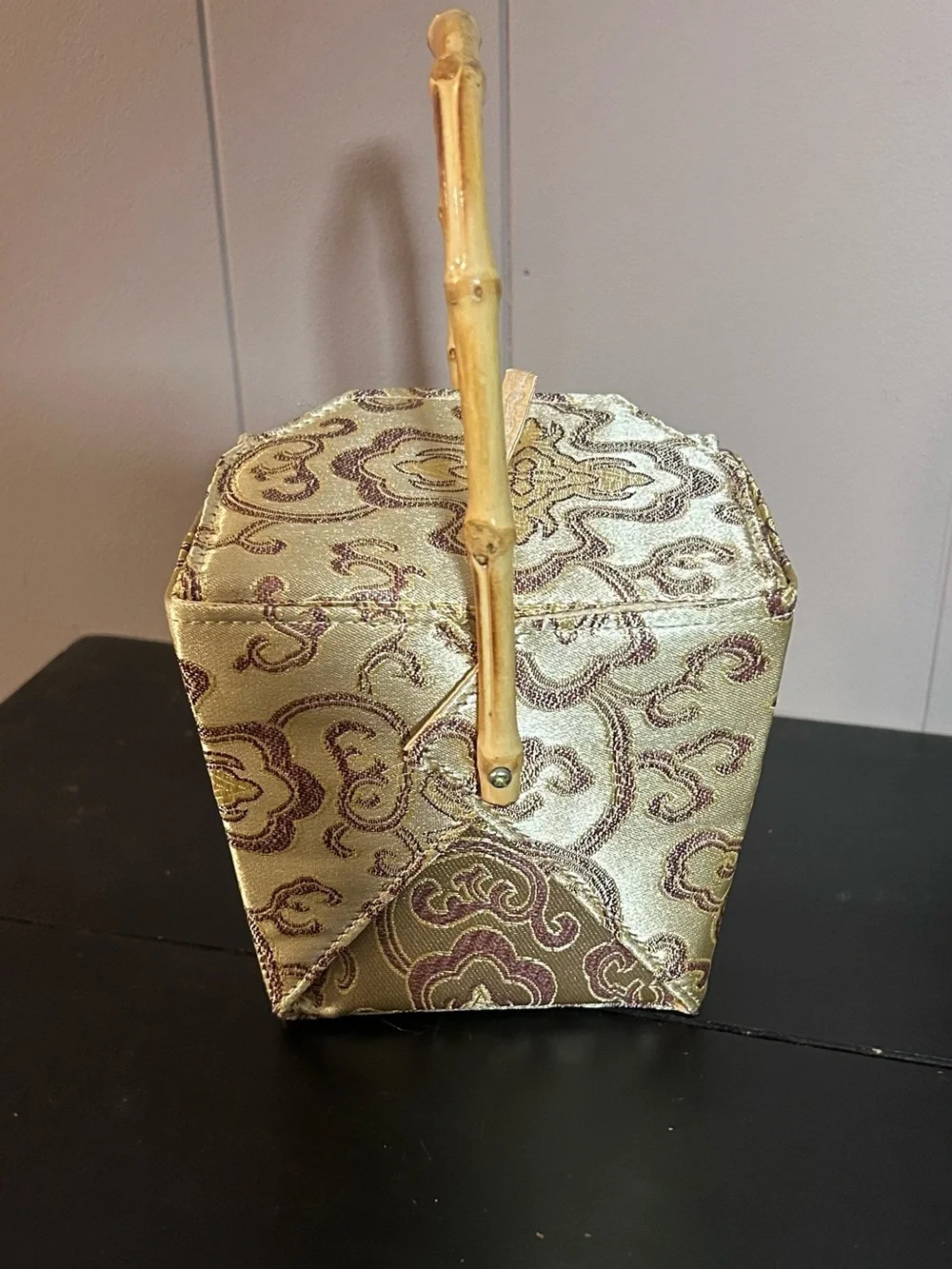 Asian Brocade Vanity Box Bamboo Handle Mirror Jewelry Sewing Trinket Box